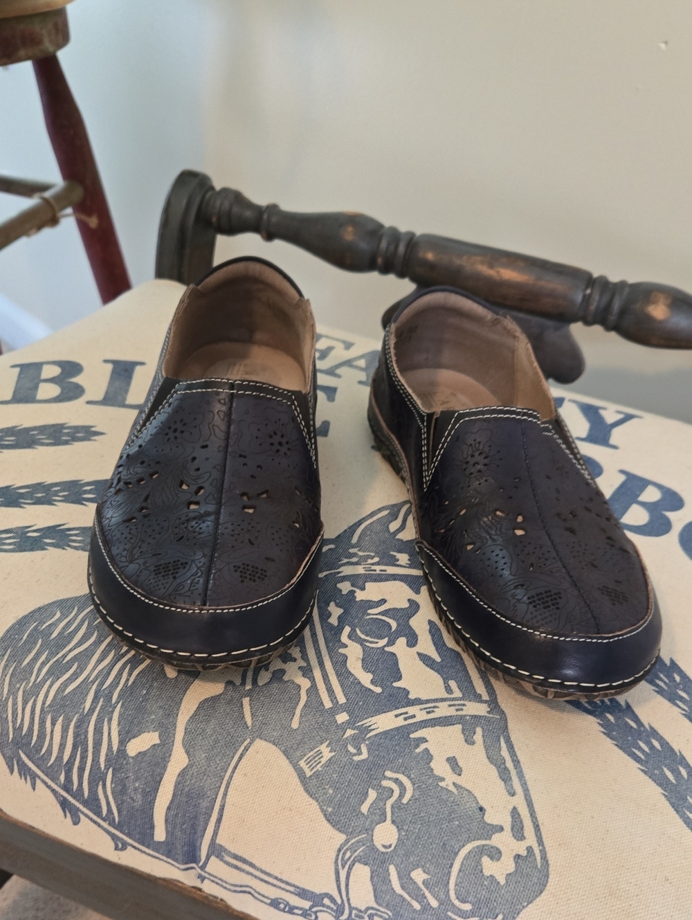 Women's Navy Slip-On Perforated Leather Loafers